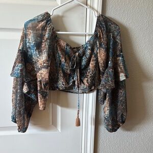 12th tribe Bohemian Tie-Front crop - Blue and Brown